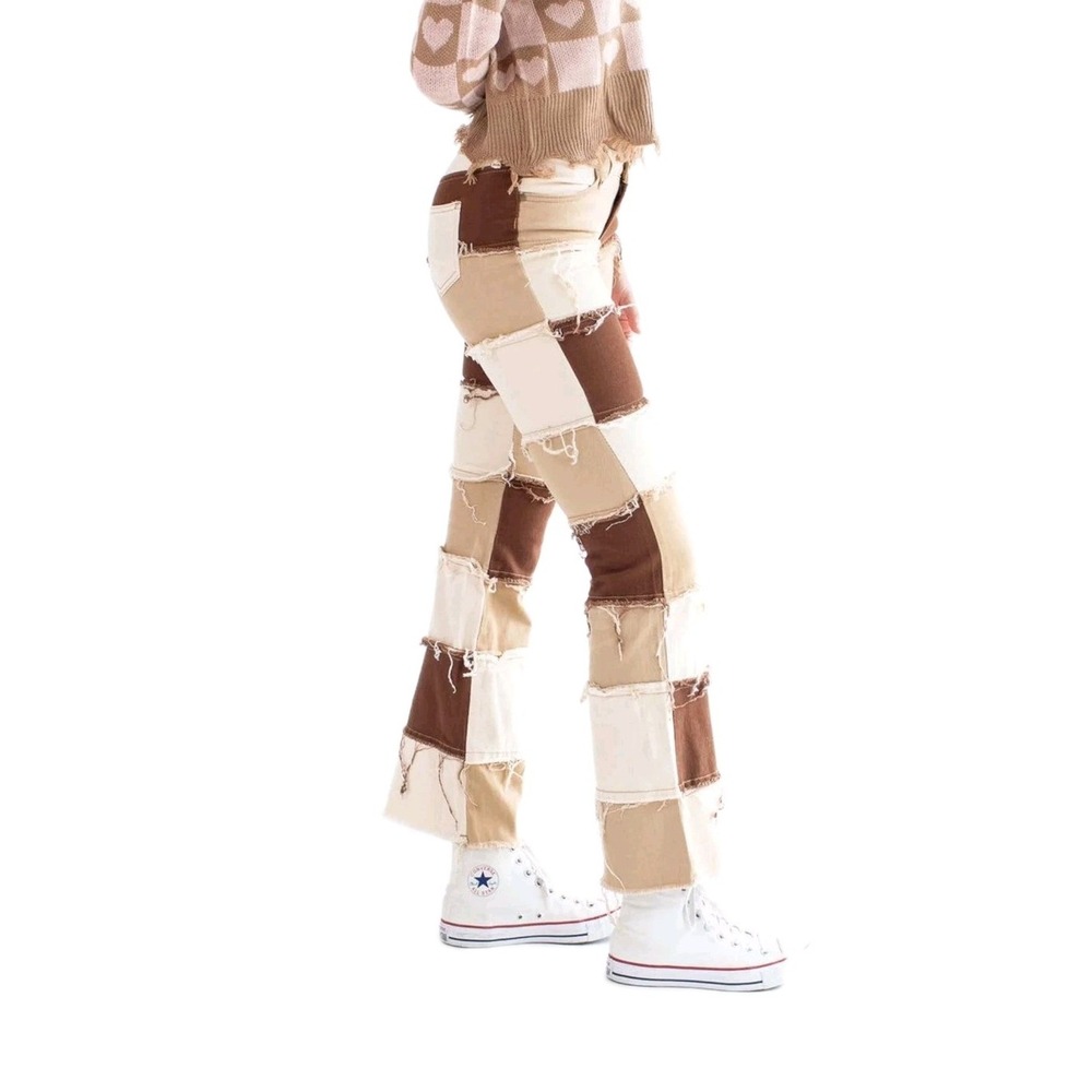 New Machine-Brown Patchwork Flare 10.5' Jeans Y2K Style‎ FAASSA Sz 3 28X32 #326C